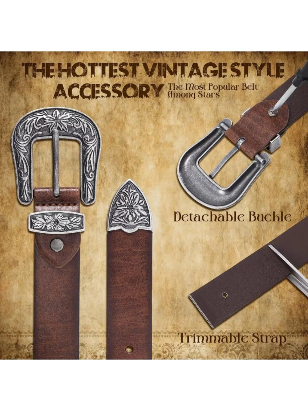 Women's I-dark Coffee Leather Waist Belt Vintage Western Design Silver Buckle